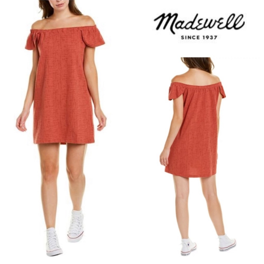 Madewell Eloise Off the Shoulder Mini Dress  Flutter Sleeve Rust Textured Sz M